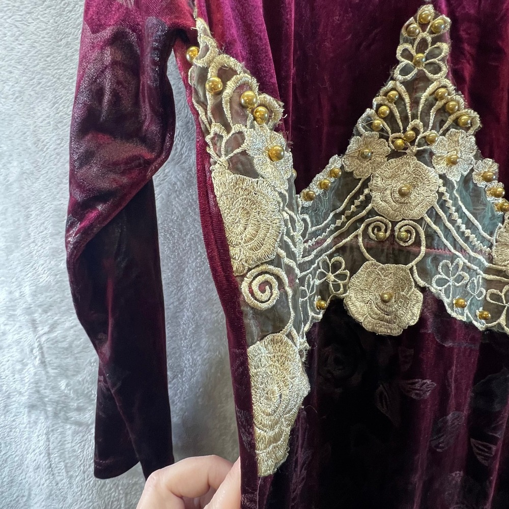 Catalina M/L Burgundy Velvet Floral Burnout Maxi Whimsi Fairygoth Romance - Picture 5 of 9